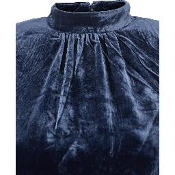 Blue Mini Dress with High Neck and Rear Zip Closure in Velvet Woman