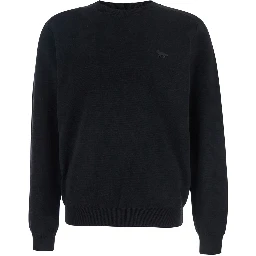 Black Crew Neck Sweater with Fox Patch on the Front in Wool Man