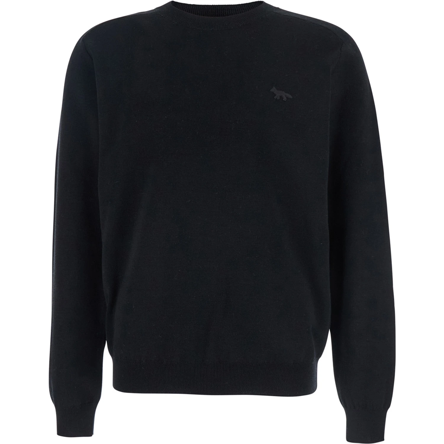 Black Crew Neck Sweater with Fox Patch on the Front in Wool Man
