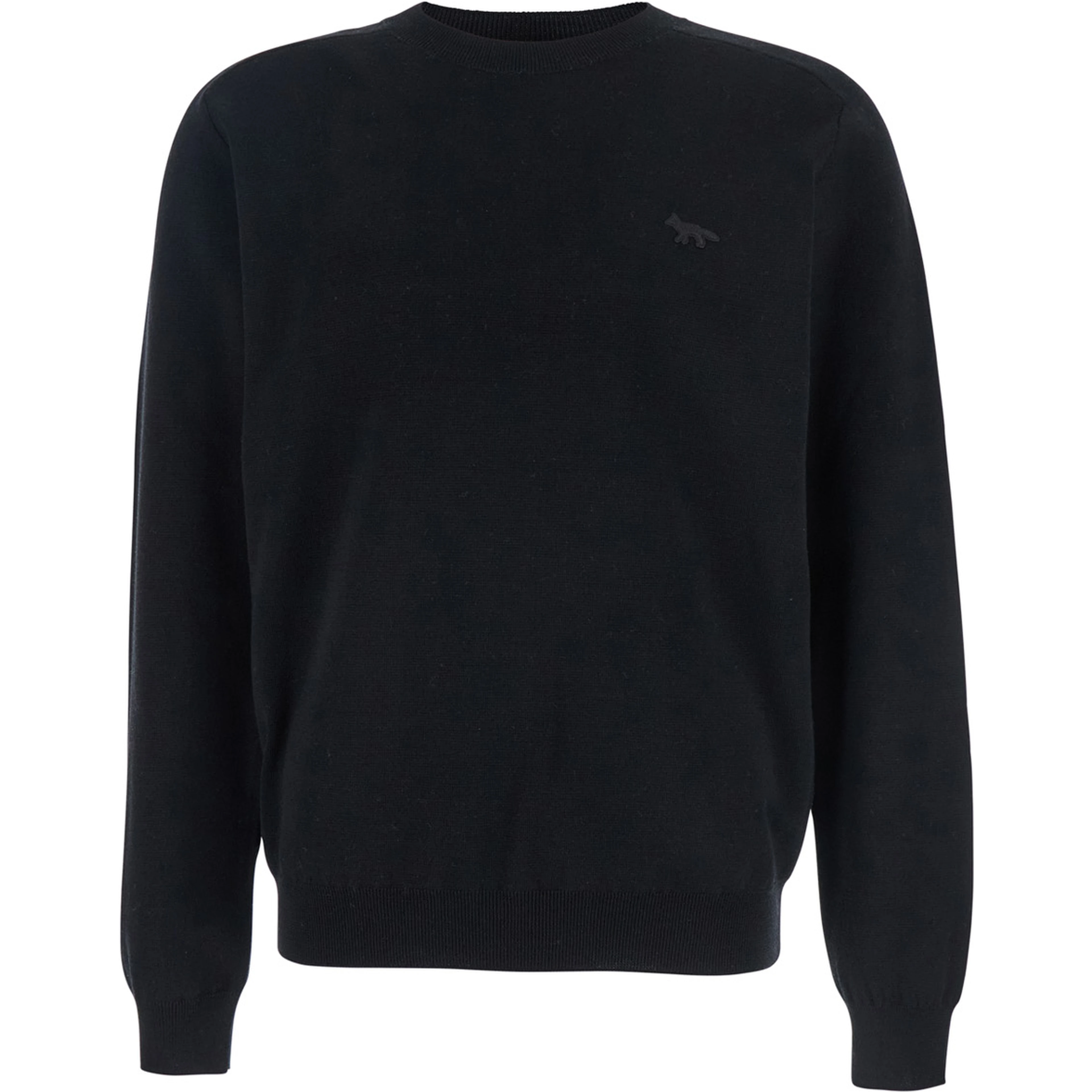 Black Crew Neck Sweater with Fox Patch on the Front in Wool Man