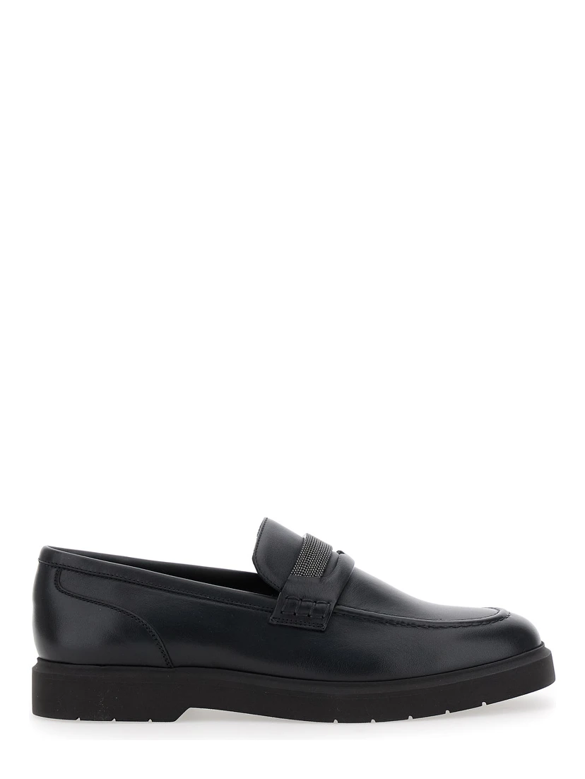 Black Loafers with Monil Detail on the Front in Smooth Leather Woman