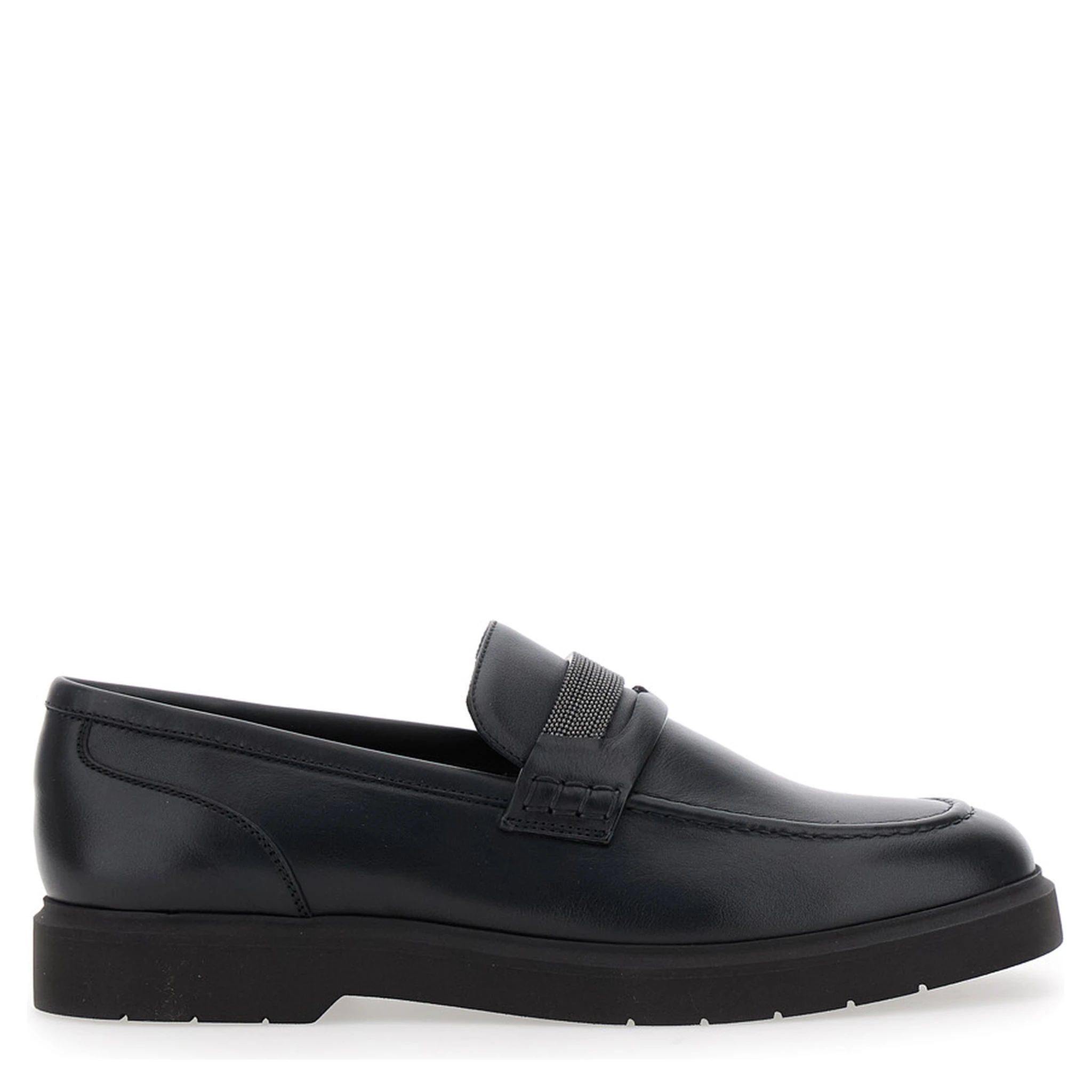 Black Loafers with Monil Detail on the Front in Smooth Leather Woman