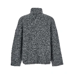 Grey Sweater with High Neck and One Front Patch Leather Pocket in Wool Blend Man
