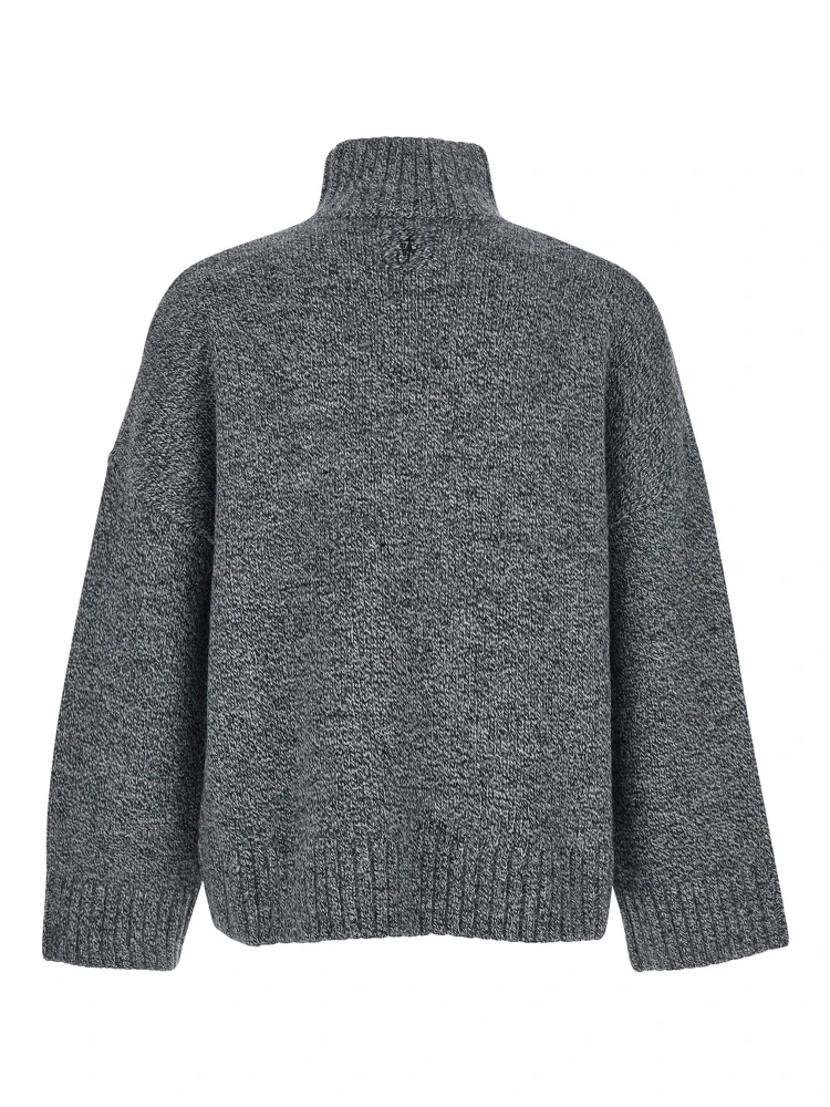 Grey Sweater with High Neck and One Front Patch Leather Pocket in Wool Blend Man alternative