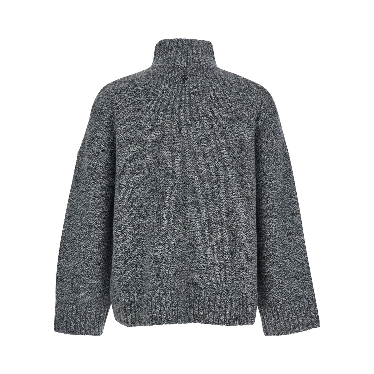 Grey Sweater with High Neck and One Front Patch Leather Pocket in Wool Blend Man