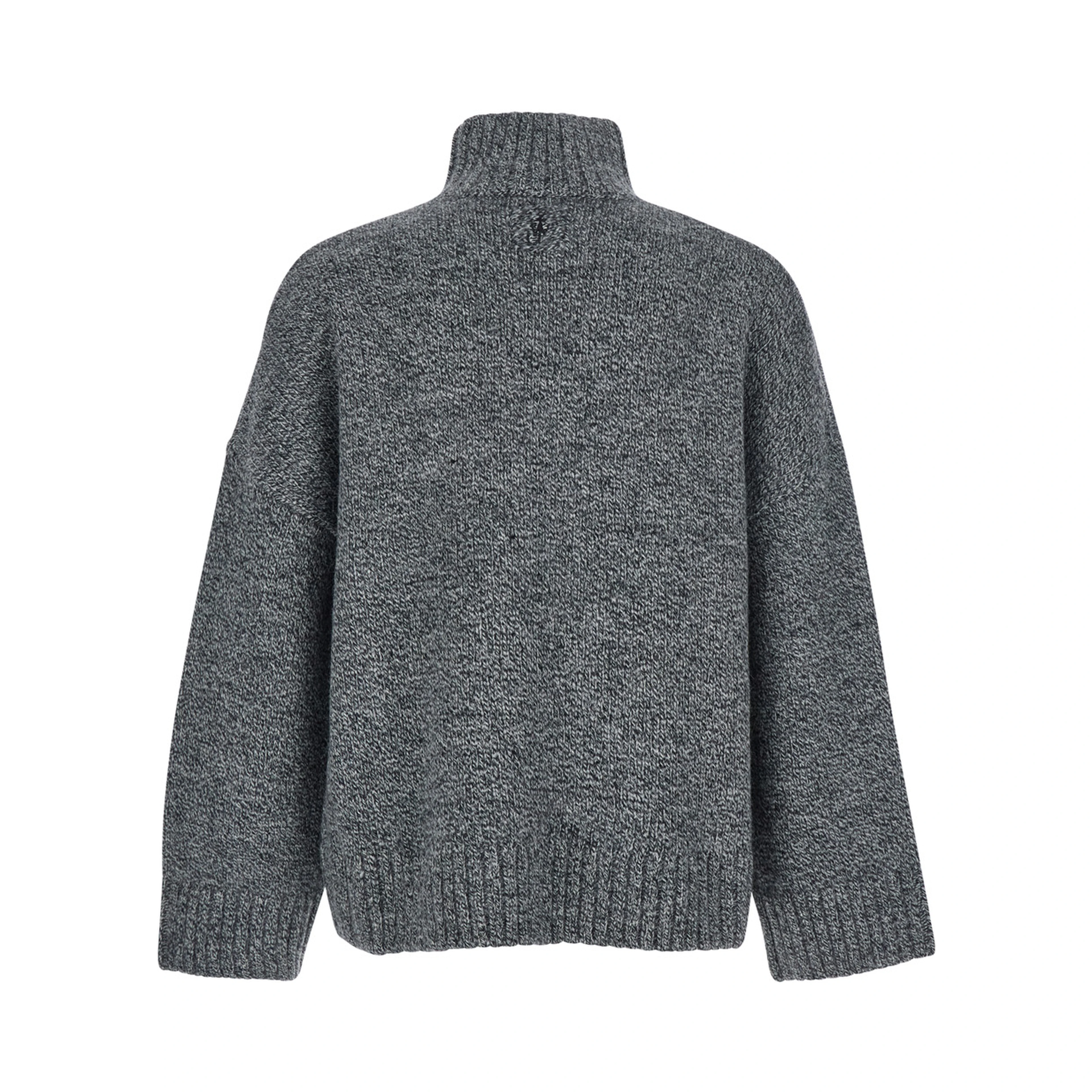 Grey Sweater with High Neck and One Front Patch Leather Pocket in Wool Blend Man
