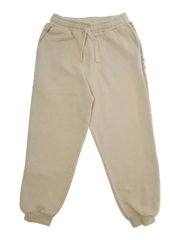 Gio White Pants with Elastic Drawstring Waist and Embroidery on the Side in Cotton Girl