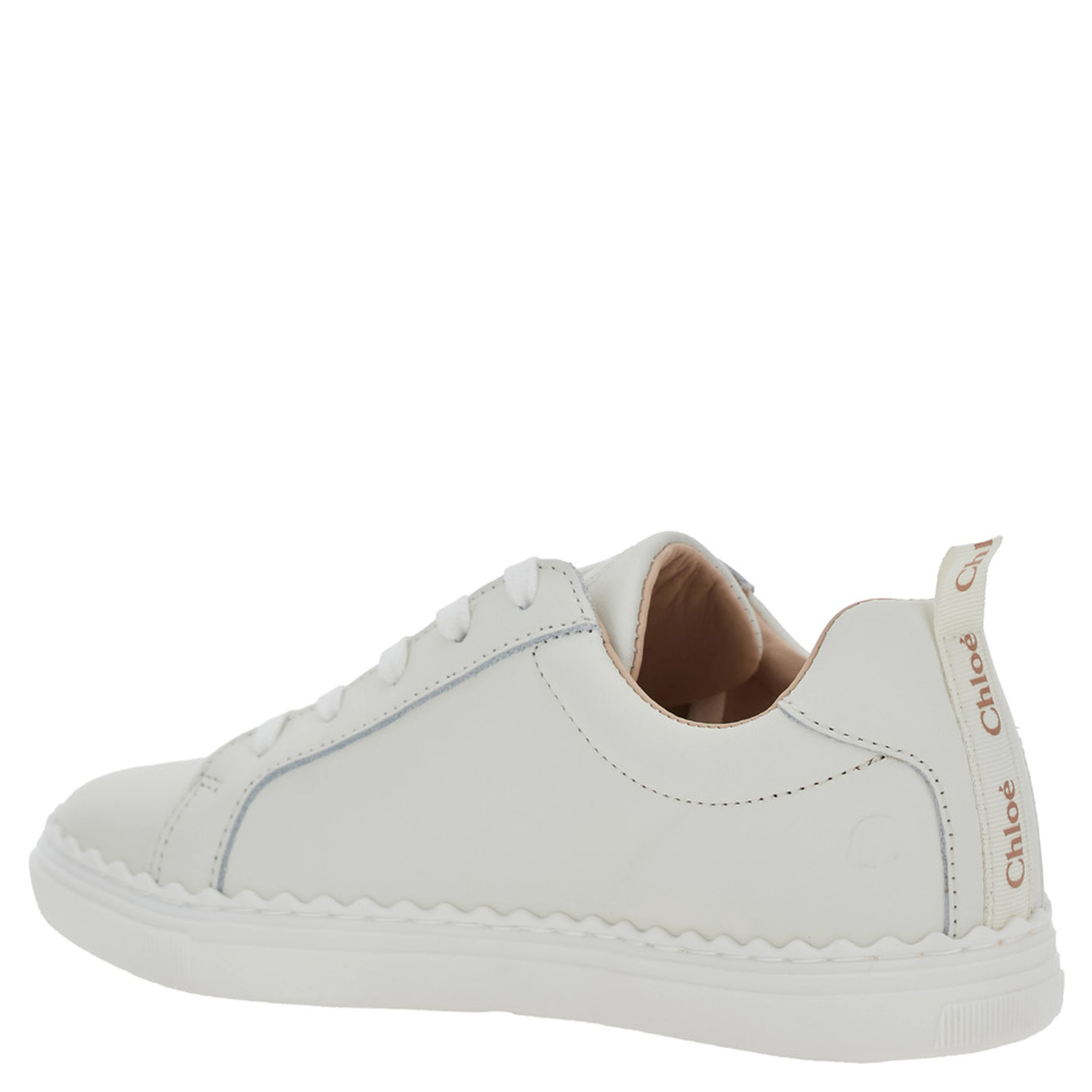 White Low Top Sneakers with Embossed Logo Lettering on the Tongue and Pull-Tab with Logo Lettering on the Heel in Leather Girl