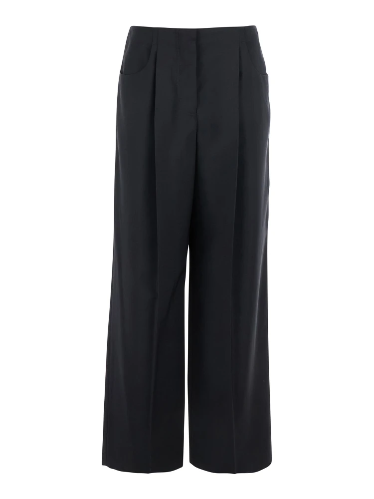 Black Pants with Front Pences and Wide Leg in Wool Woman