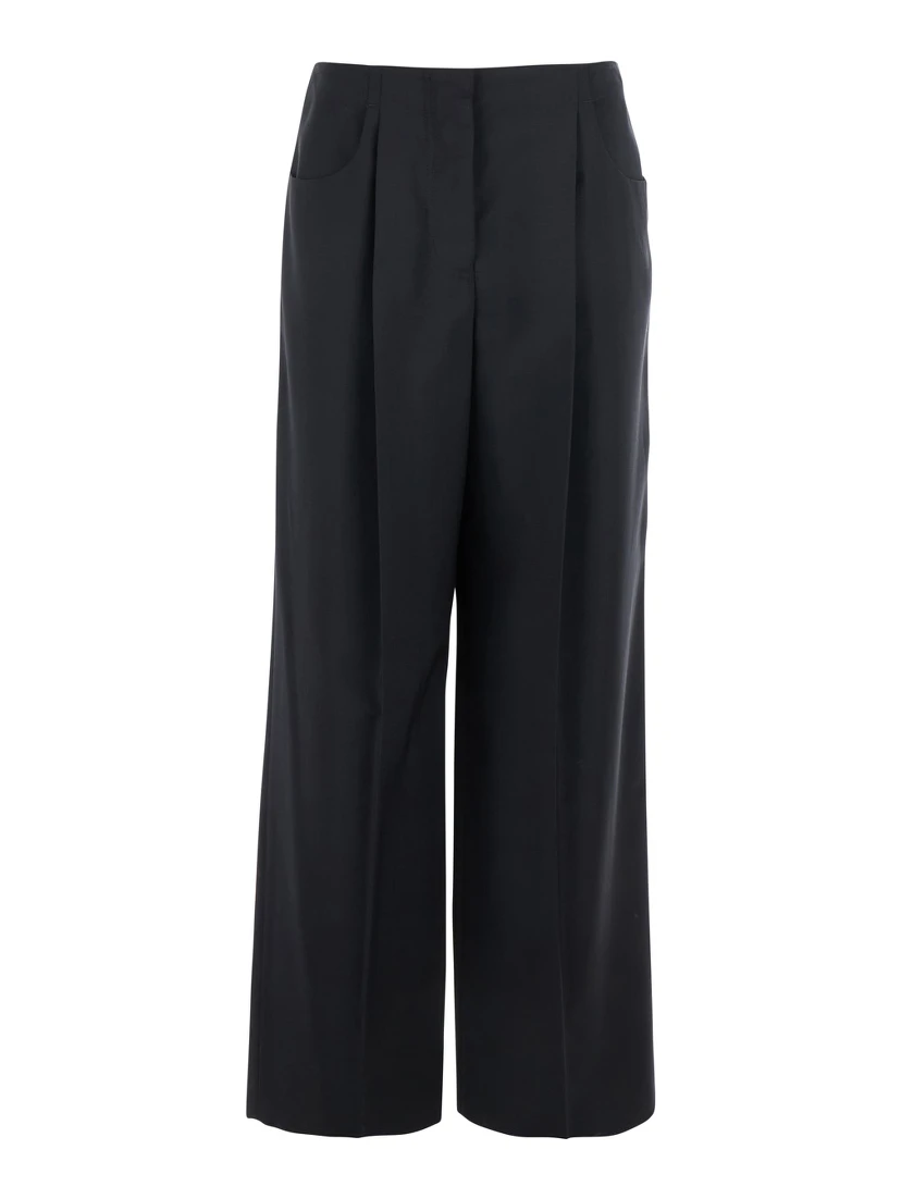 Black Pants with Front Pences and Wide Leg in Wool Woman