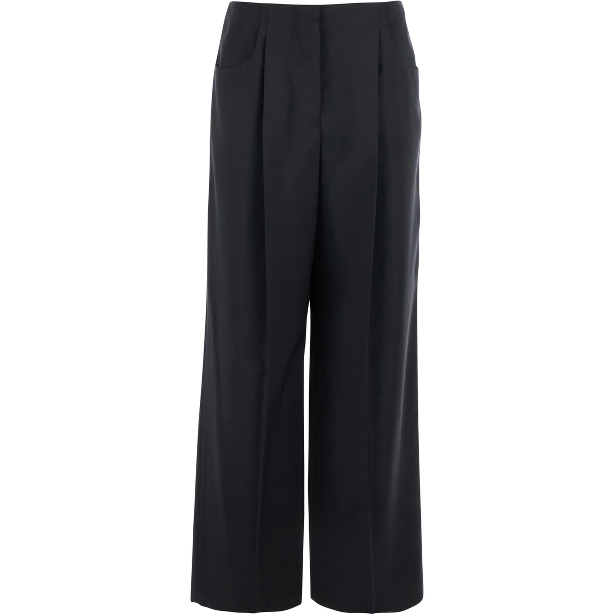 Black Pants with Front Pences and Wide Leg in Wool Woman