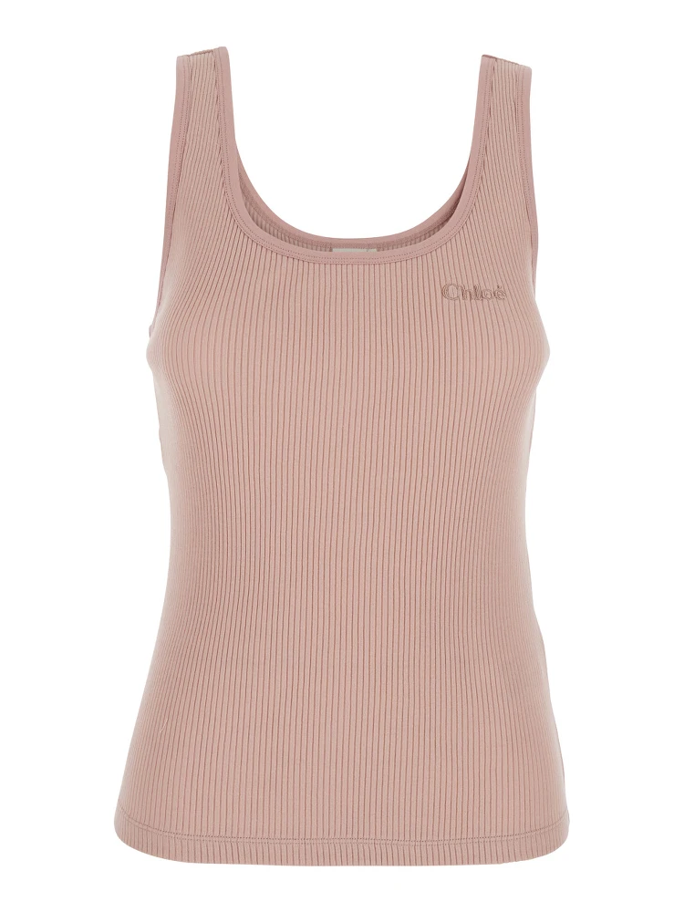Pink Sleeveless Top with Logo Embroidery on the Front in Cotton Woman