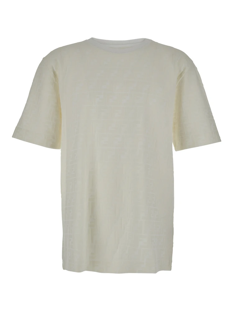 تيشيرت أبيض برقبة دائرية مزين بنقشة FF متناسقة الألوان من قطن مان