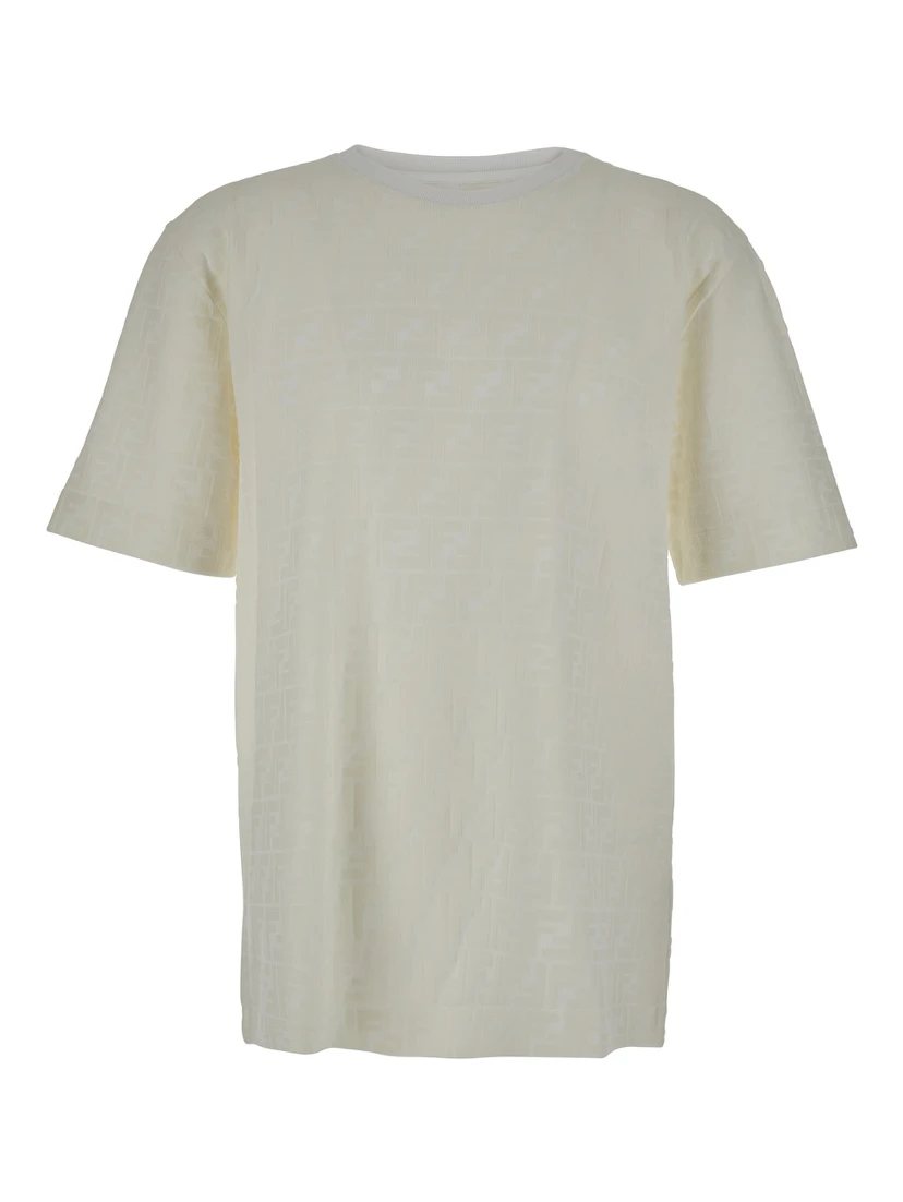 تيشيرت أبيض برقبة دائرية مزين بنقشة FF متناسقة الألوان من قطن مان