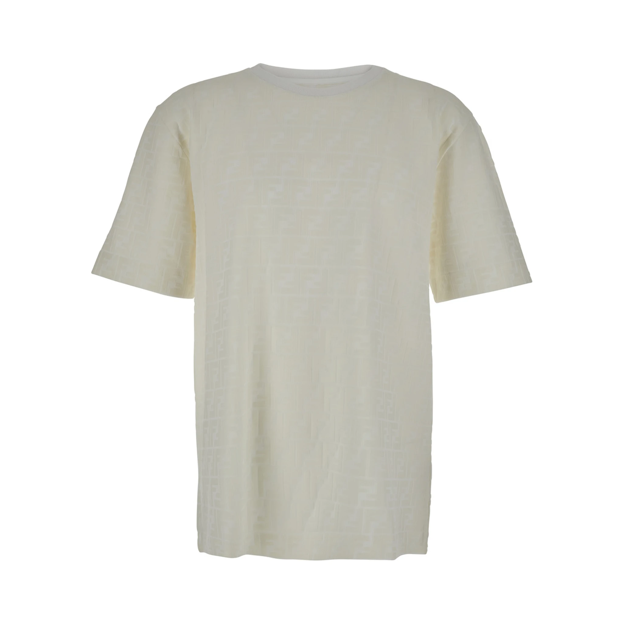 White Crewneck T-Shirt with Tone-on-Tone All-Over FF Motif in Cotton Man