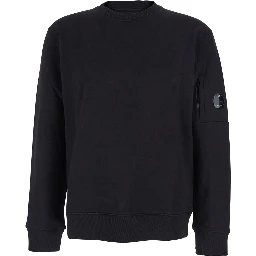 Black Crew Neck Sweater with Logo Patch Applied on the Sleeve in Cotton Man