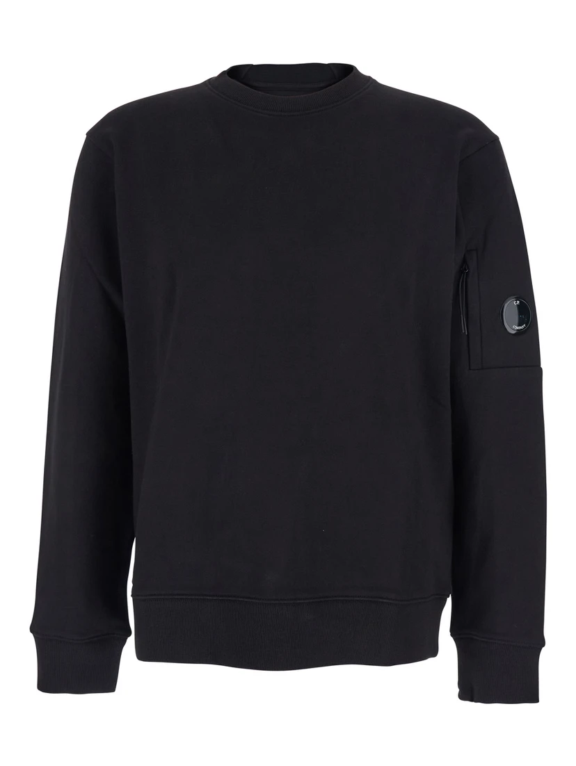 Black Crew Neck Sweater with Logo Patch Applied on the Sleeve in Cotton Man