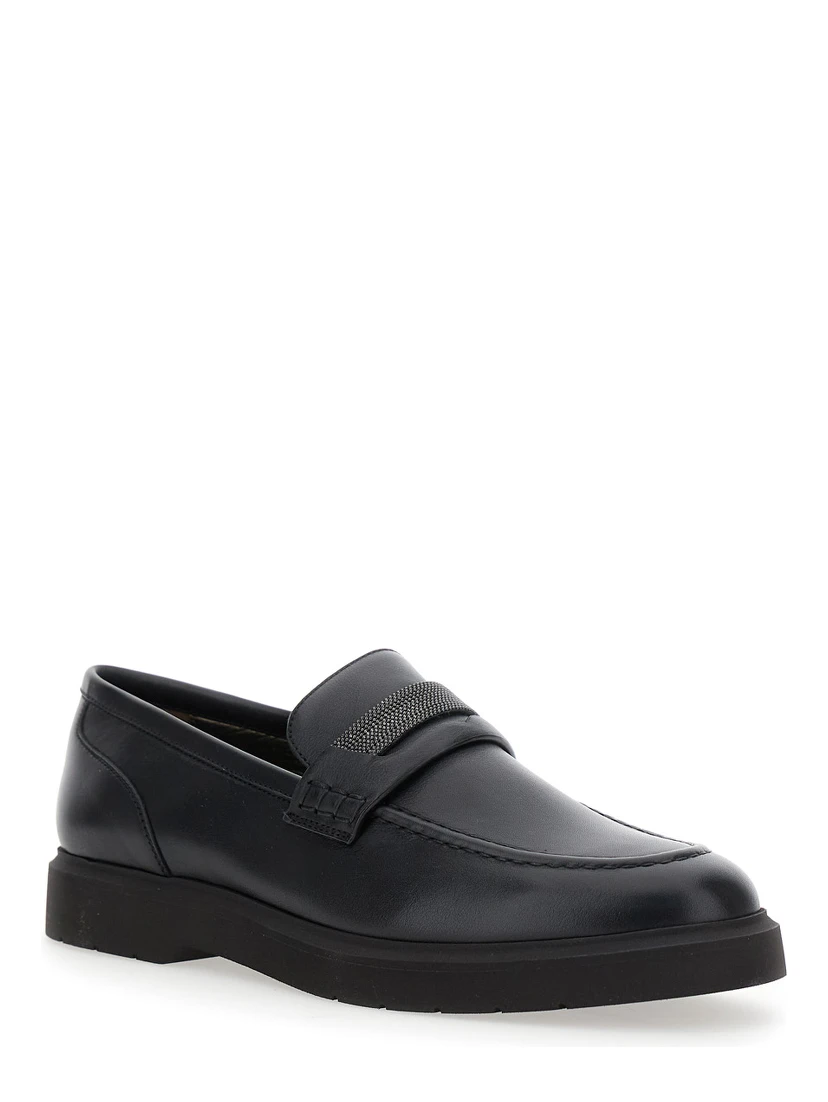 Black Loafers with Monil Detail on the Front in Smooth Leather Woman