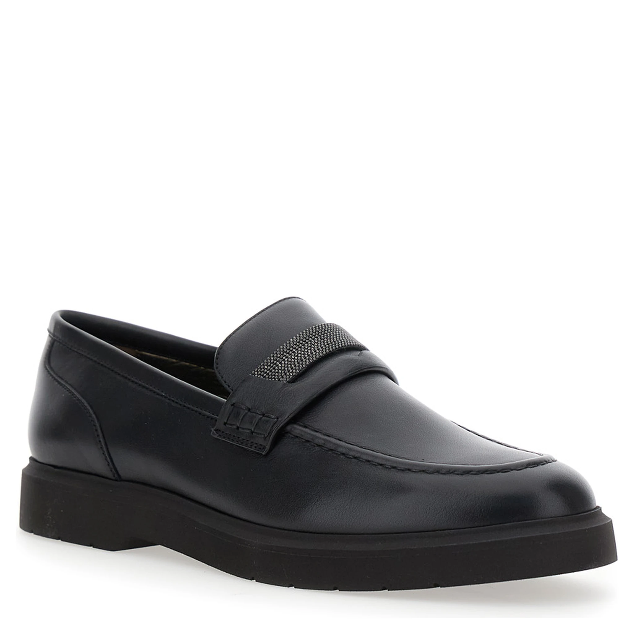 Black Loafers with Monil Detail on the Front in Smooth Leather Woman