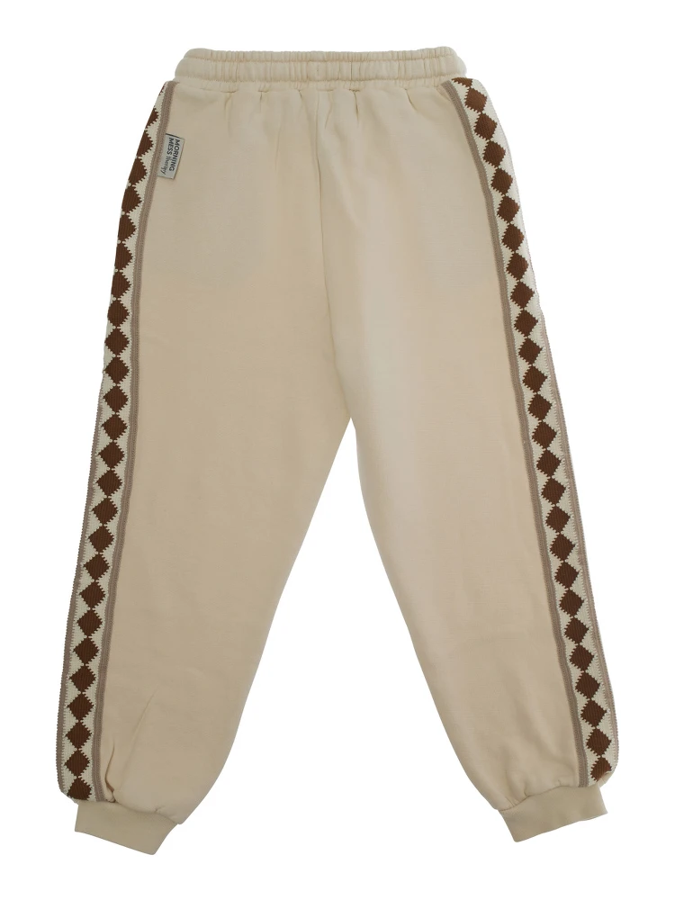 Gio White Pants with Elastic Drawstring Waist and Embroidery on the Side in Cotton Girl alternative