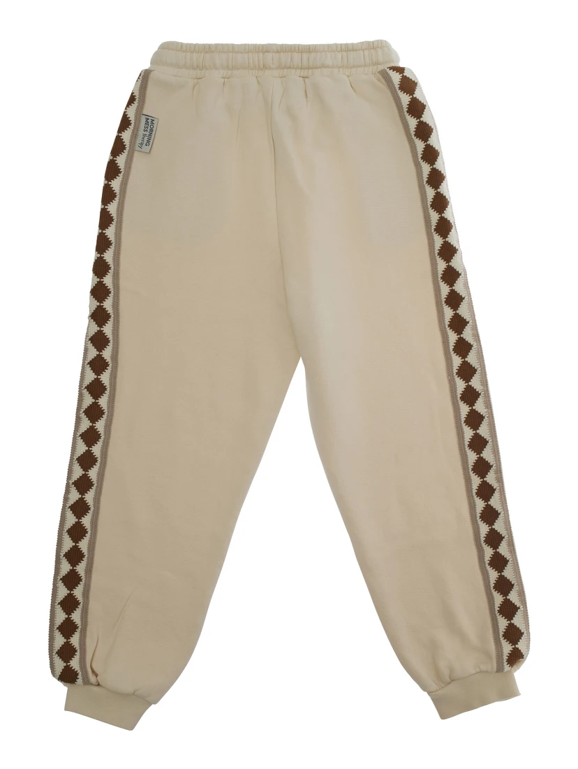 Gio White Pants with Elastic Drawstring Waist and Embroidery on the Side in Cotton Girl