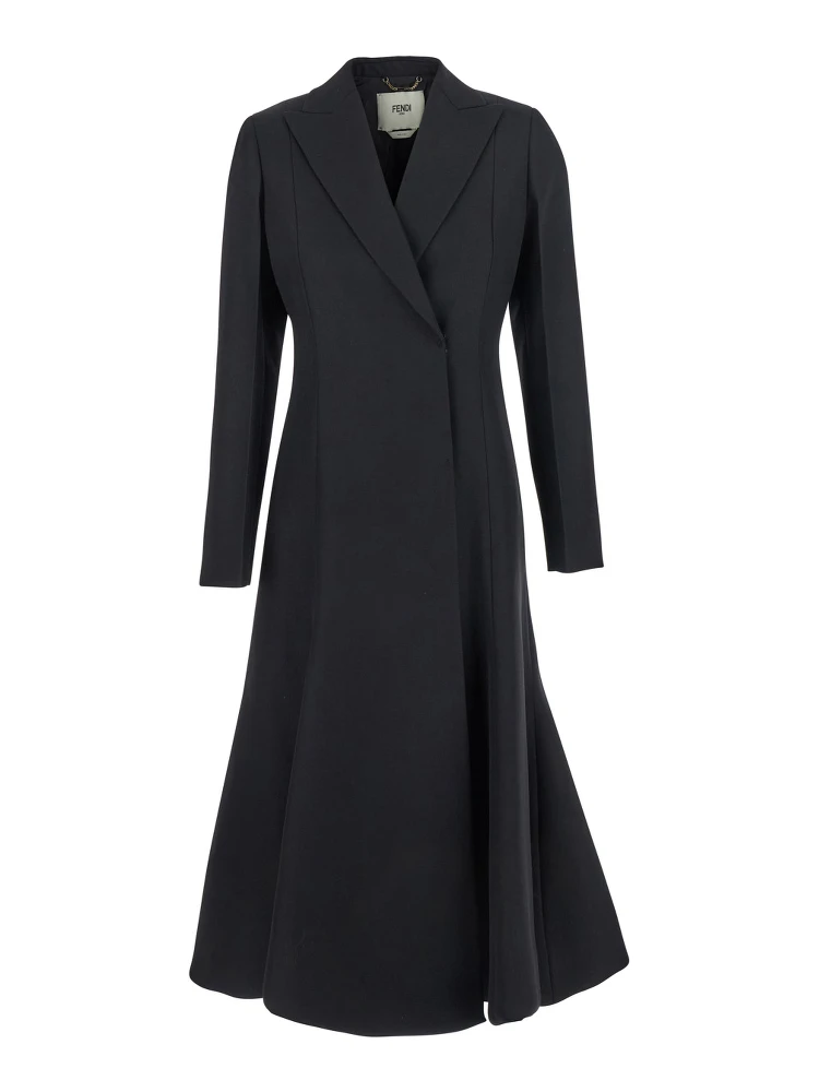 Black Flared Double-Breasted Coat with Peak Revers in Wool Woman
