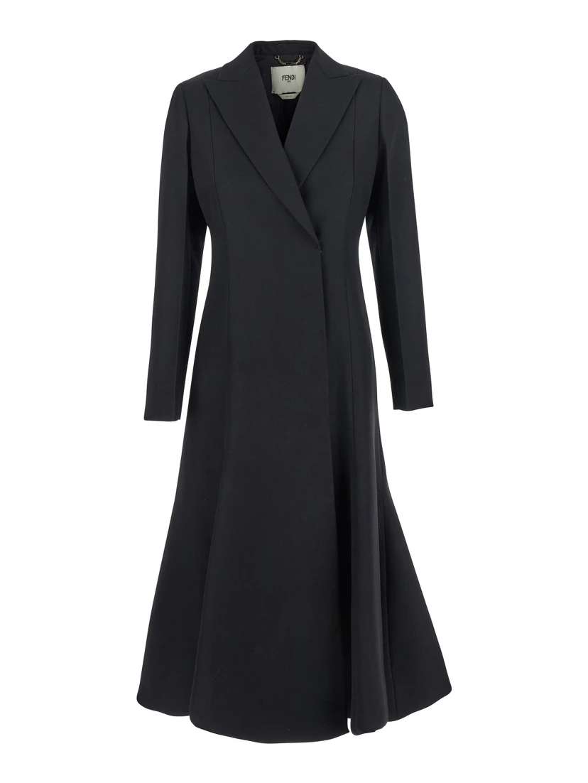 Black Flared Double-Breasted Coat with Peak Revers in Wool Woman