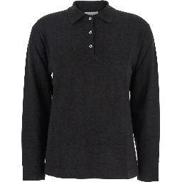 Brown Polo Shirt with Classic Collar and Long Sleeves in Wool Woman