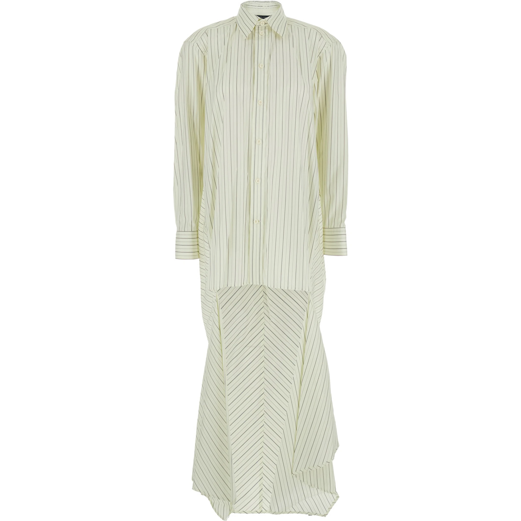 White Dress with Classic Collar and All-Over Striped Motif in Cotton Woman