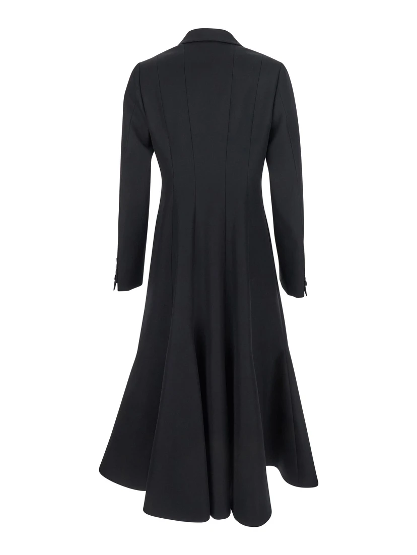 Black Flared Double-Breasted Coat with Peak Revers in Wool Woman