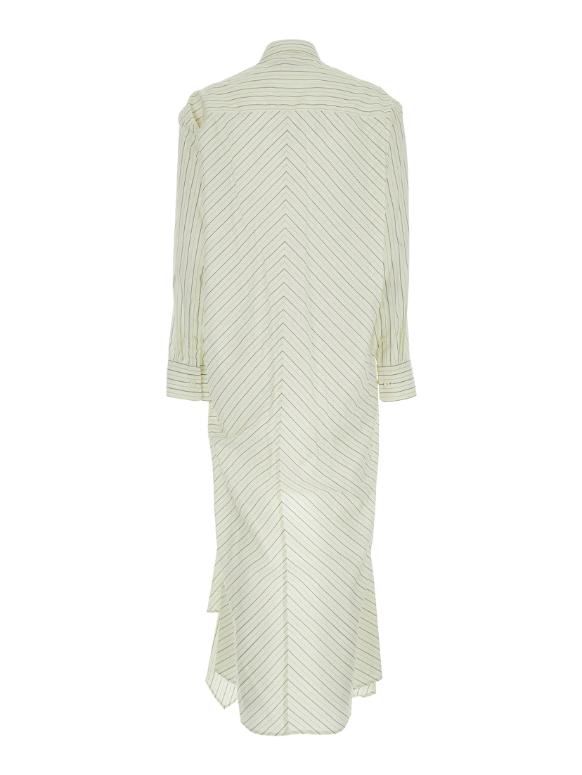 White Dress with Classic Collar and All-Over Striped Motif in Cotton Woman