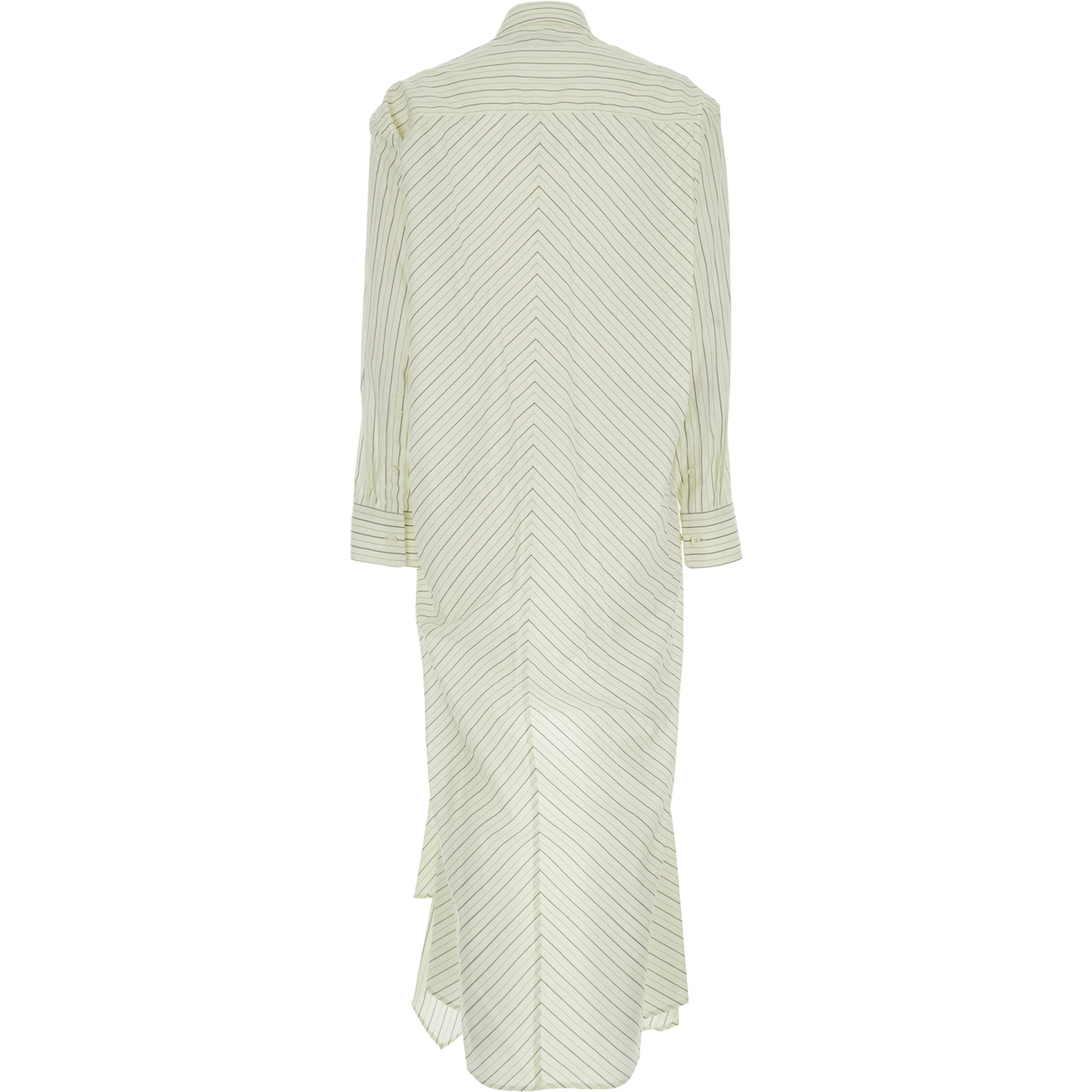 White Dress with Classic Collar and All-Over Striped Motif in Cotton Woman