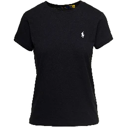 Black Crewneck T-Shirt with Contrasting Logo Embrodery in Cotton Woman