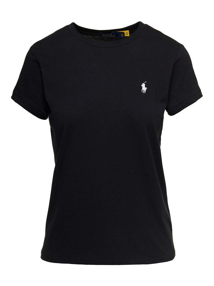 Black Crewneck T-Shirt with Contrasting Logo Embrodery in Cotton Woman