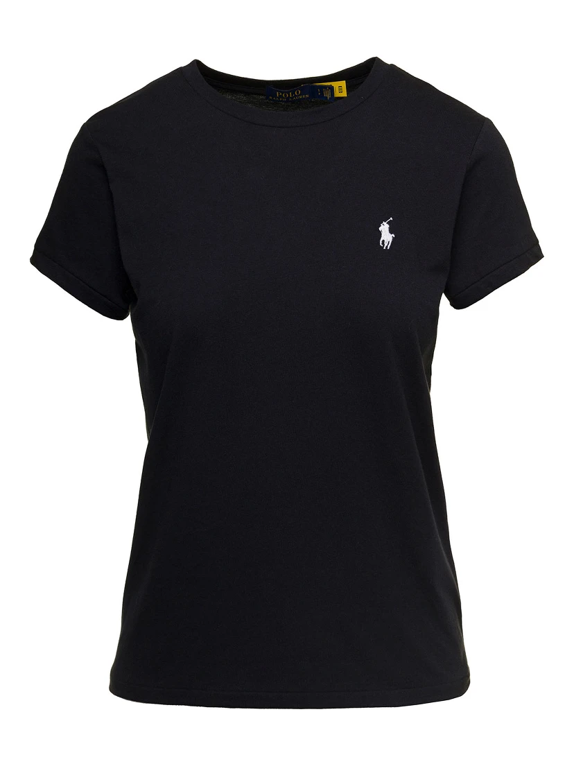 Black Crewneck T-Shirt with Contrasting Logo Embrodery in Cotton Woman