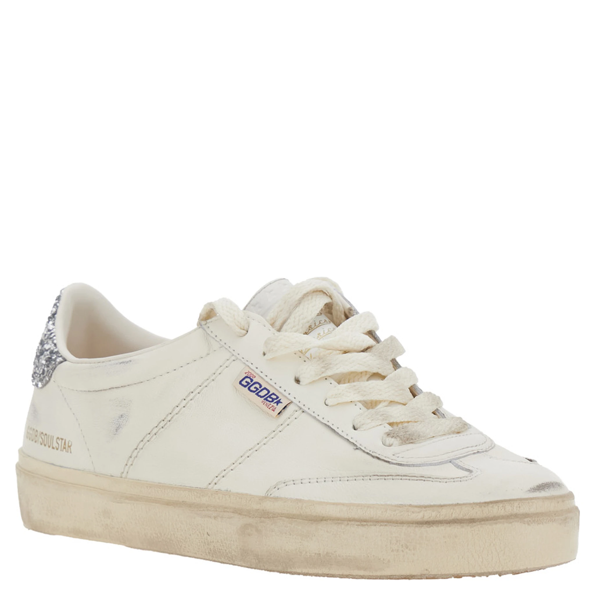 Soul-Star White Low-Top Sneaker with Glitter Heel and Logo Lettering in Leather Woman