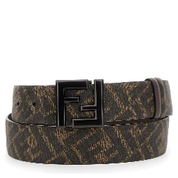 Brown Belt with Metallic FF Logo Plaque on the Front and FF Motif in Leather Man