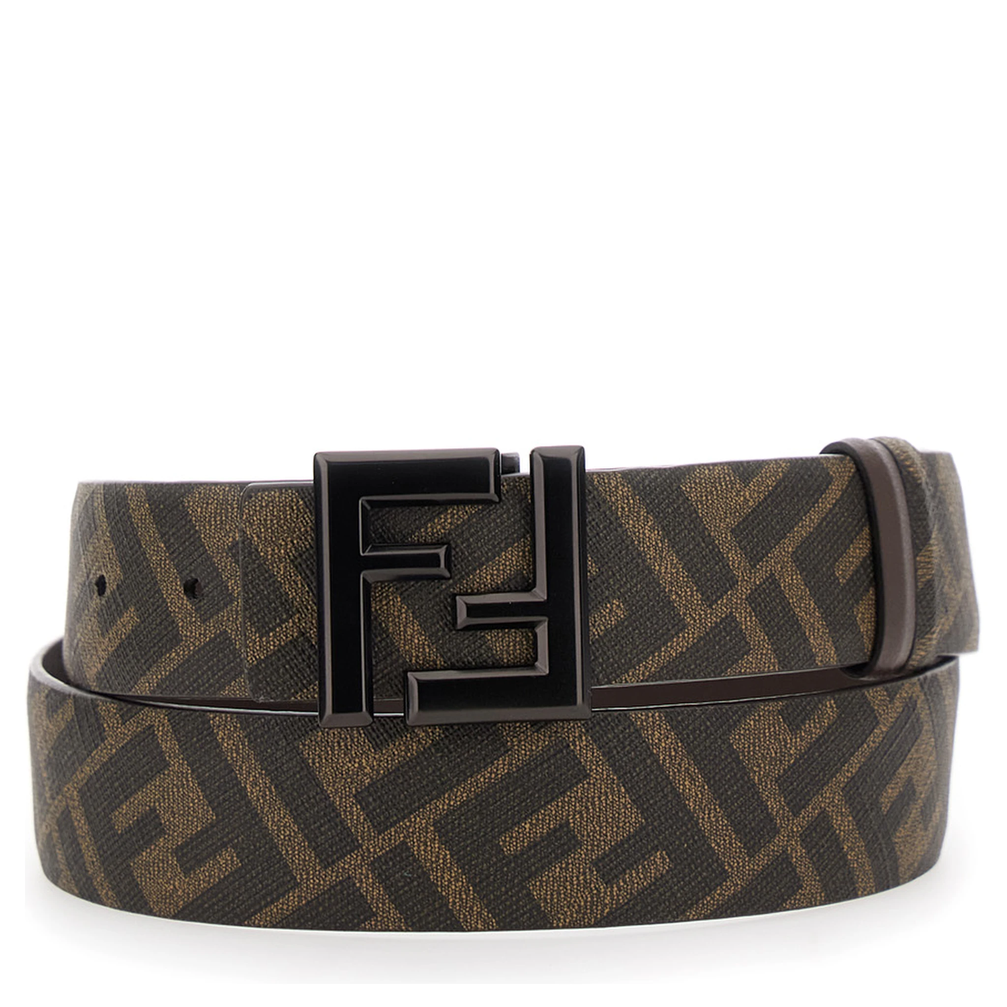 Brown Belt with Metallic FF Logo Plaque on the Front and FF Motif in Leather Man