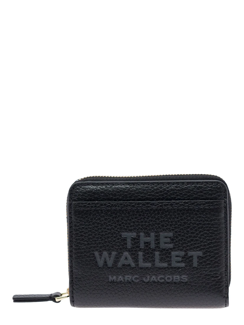 The Mini Black Wallet with Engraved Logo on the Front in Hammered Leather Woman