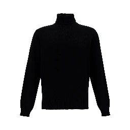 Black Turtleneck Sweater with Ribbed Trims in Wool and Cashmere Man