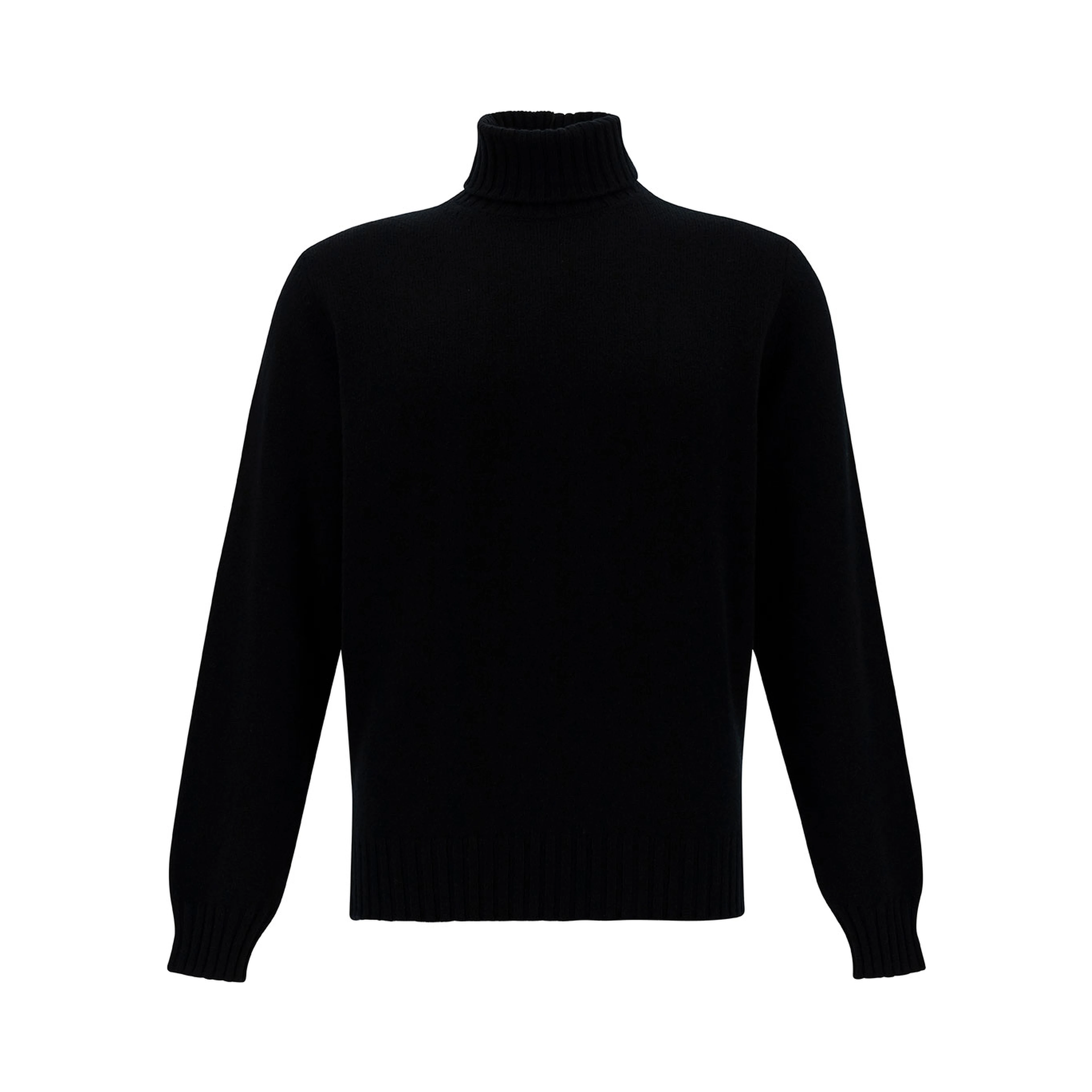 Black Turtleneck Sweater with Ribbed Trims in Wool and Cashmere Man