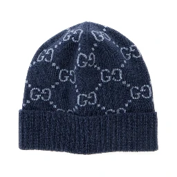 قبعة صوفية زرقاء بنقشة GG كاملة من قماش الكشمير الرجالي