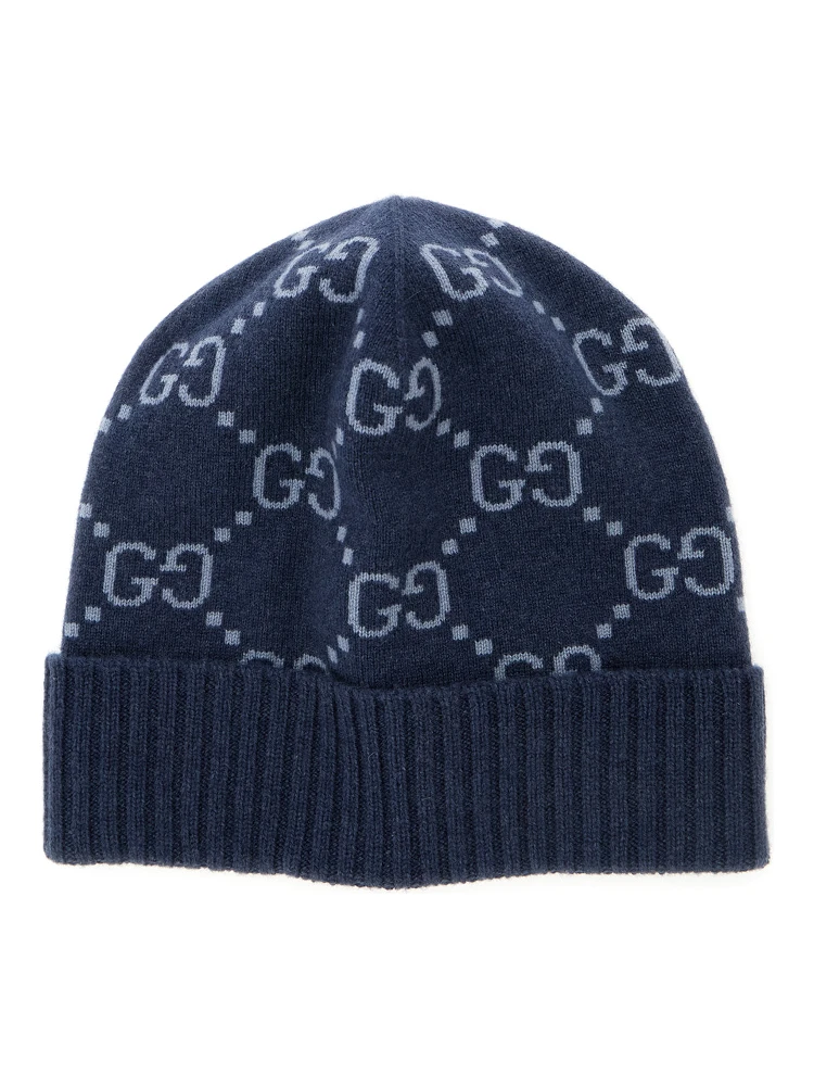 قبعة صوفية زرقاء بنقشة GG كاملة من قماش الكشمير الرجالي