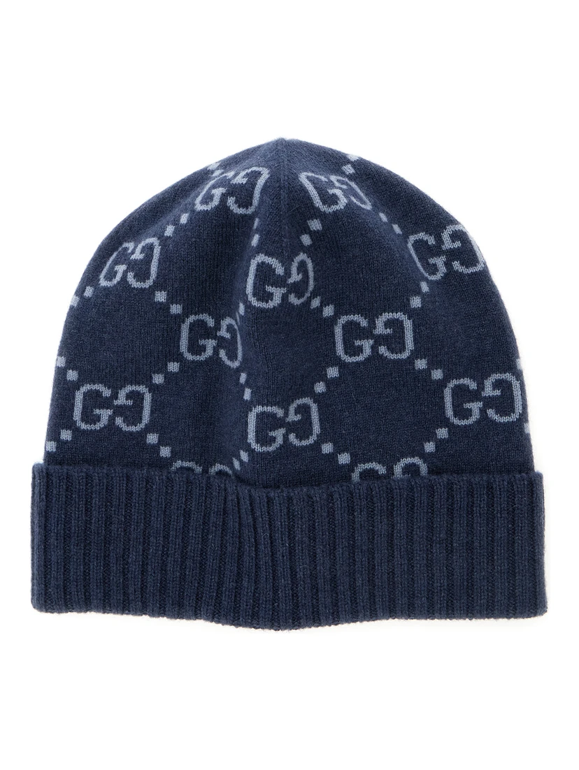 قبعة صوفية زرقاء بنقشة GG كاملة من قماش الكشمير الرجالي