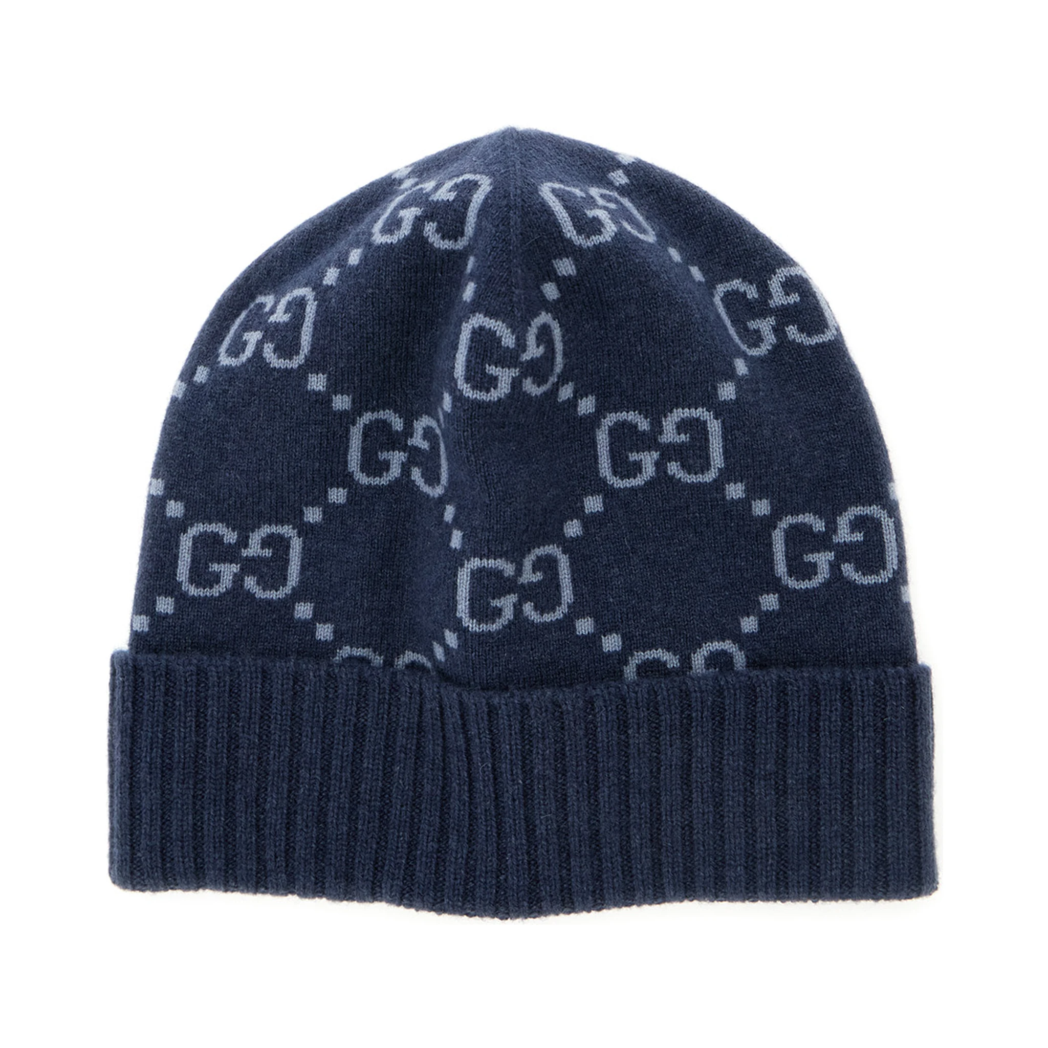 قبعة صوفية زرقاء بنقشة GG كاملة من قماش الكشمير الرجالي