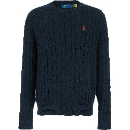 Blue Crewneck Sweater with Pony Embroidery on the Front and Woven Knit in Cotton Man