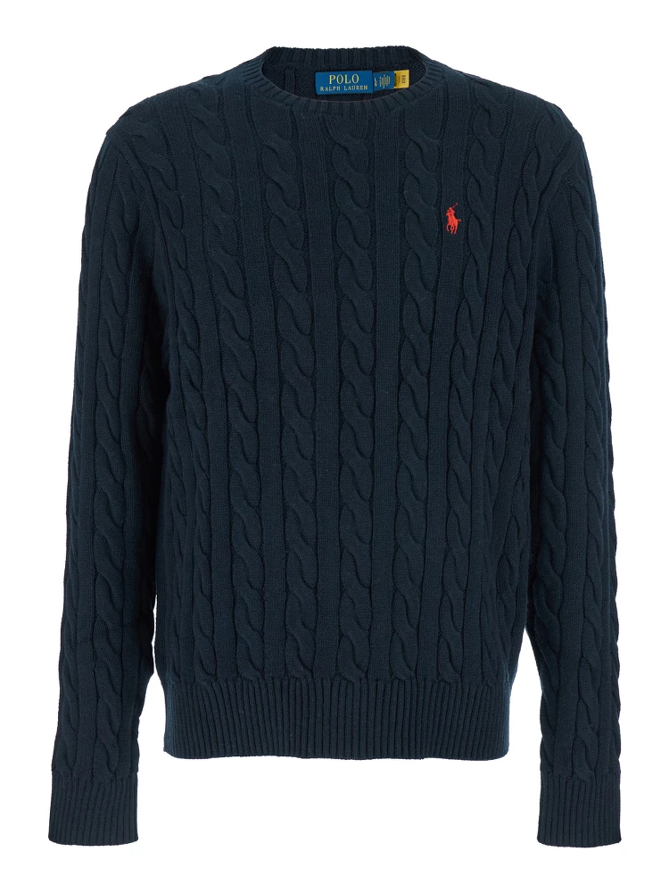 Blue Crewneck Sweater with Pony Embroidery on the Front and Woven Knit in Cotton Man