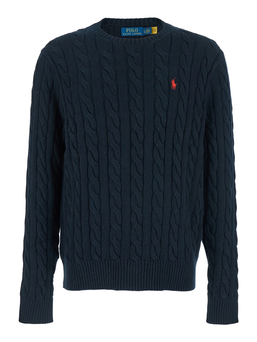 Blue Crewneck Sweater with Pony Embroidery on the Front and Woven Knit in Cotton Man