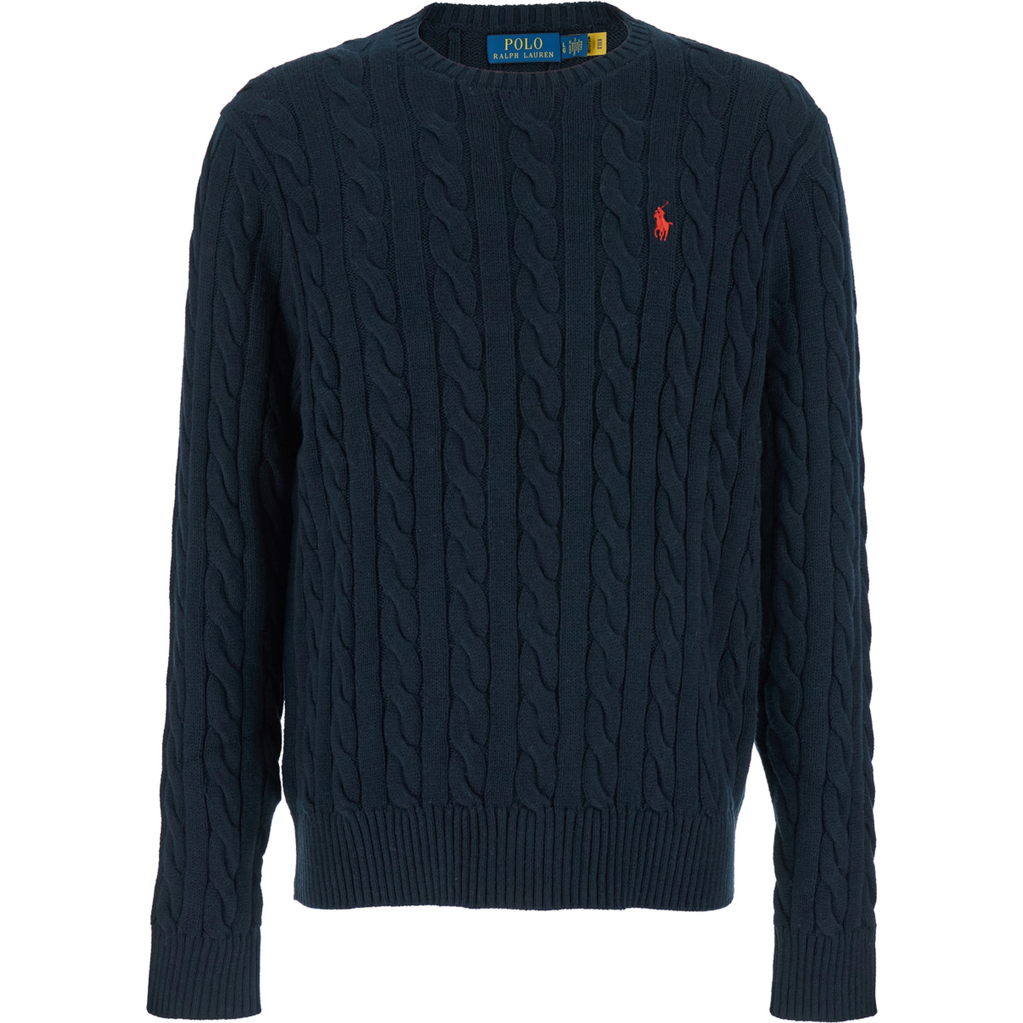 Blue Crewneck Sweater with Pony Embroidery on the Front and Woven Knit in Cotton Man