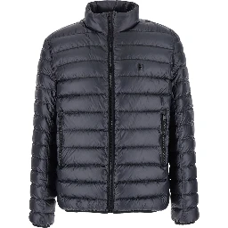 Black High Neck Down Jacket with Logo Detail in Tech Fabric Man